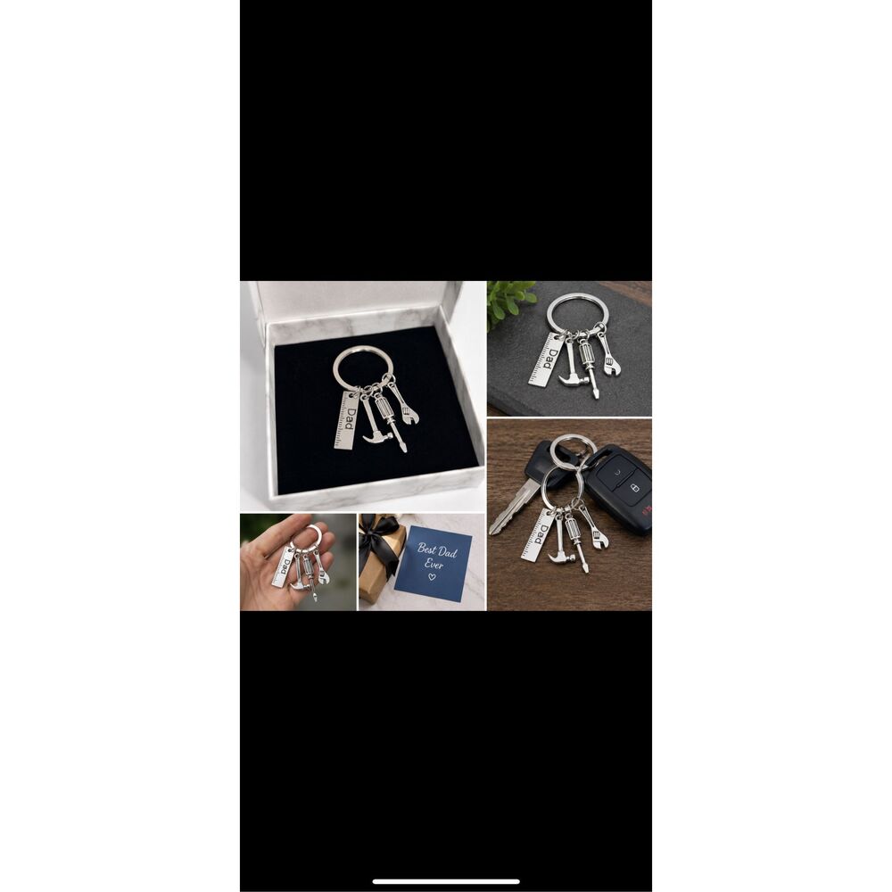 Dad Tool Charm Keychain Hammer Screwdriver Wrench Silver Tone Gift